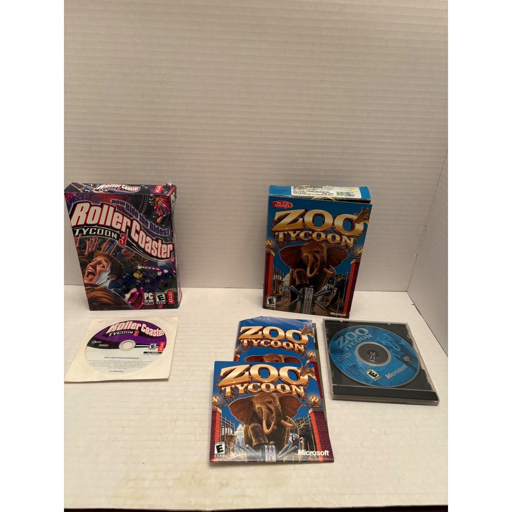 PC Game Lot RollerCoaster Tycoon 3 Atari & Zoo Tycoon Microsoft Big Box Bundle